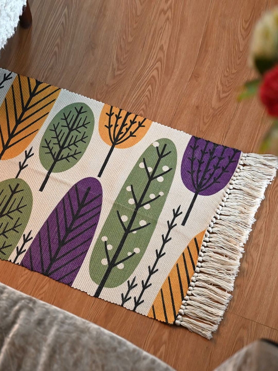 INDIAN HOME FAB White & Yellow Floral Printed Anti-Slip Water Absorbent Cotton Floor Mat