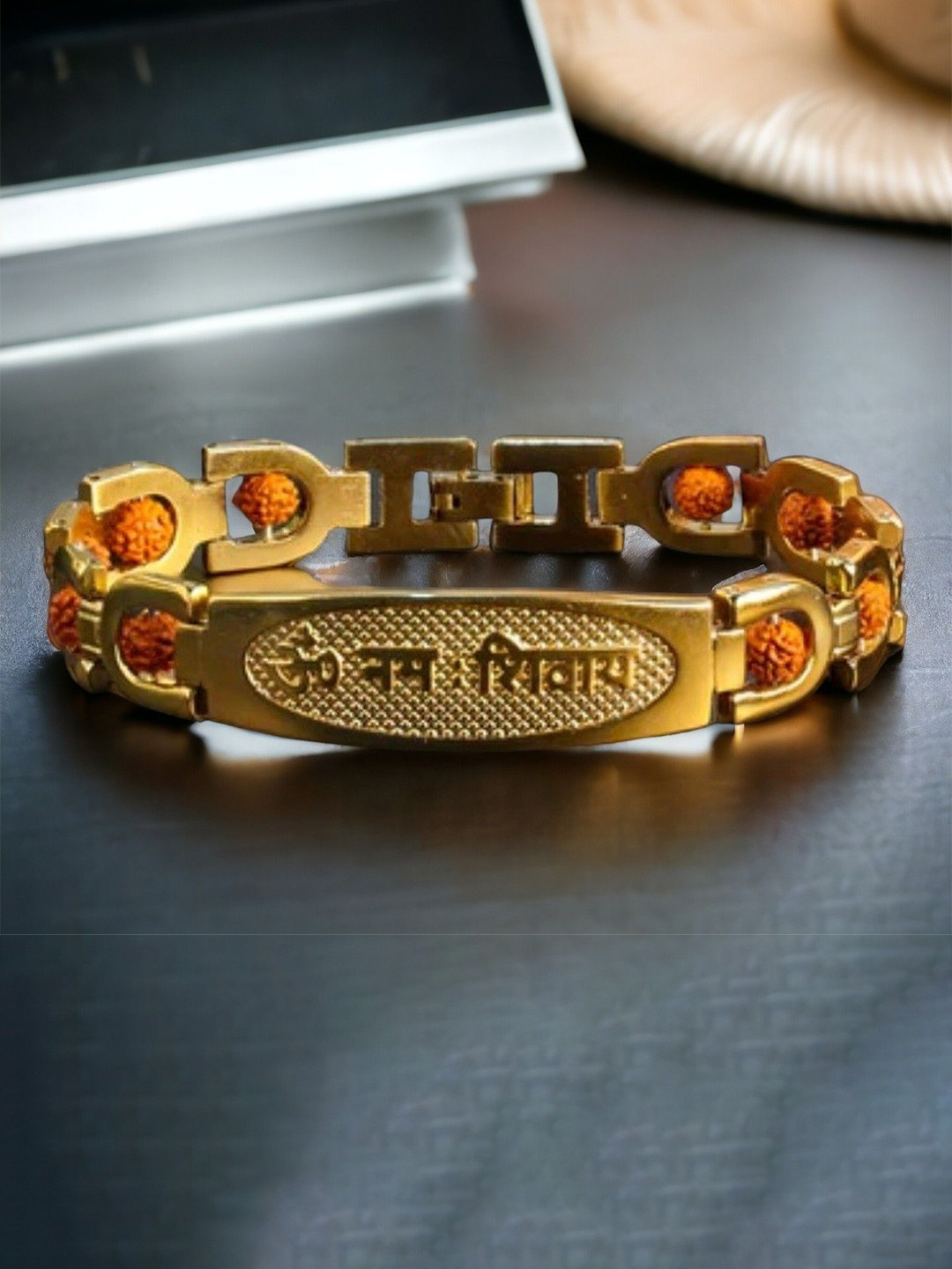 SZN Men Stainless Steel Gold-Plated Om Namah Shivay Link Bracelet