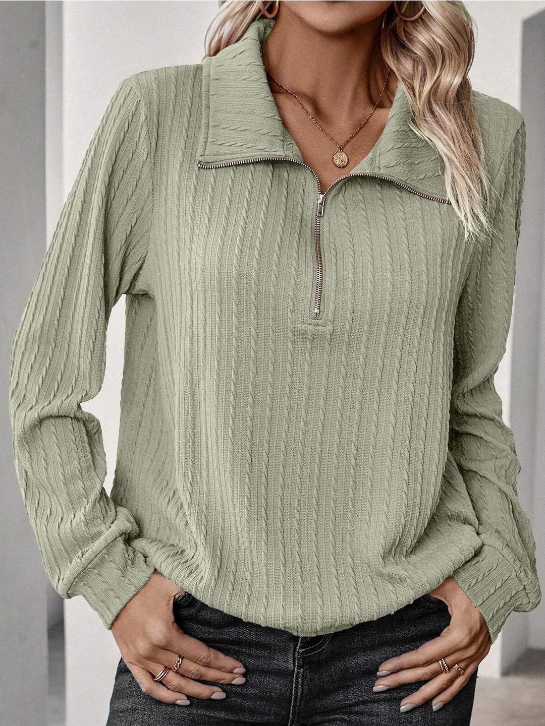 LERIYA FASHION Women Vertical Stripes Ribbed Regular Shirt Collar Top