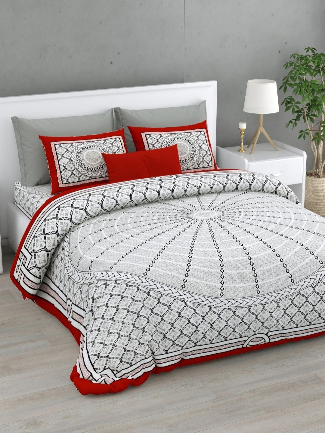 JAIPUR FABRIC Royale Mocha Grey Ethnic Motifs Cotton 240 TC King Fine Bedsheet with 2 Pillow Covers-274 x 254 cm