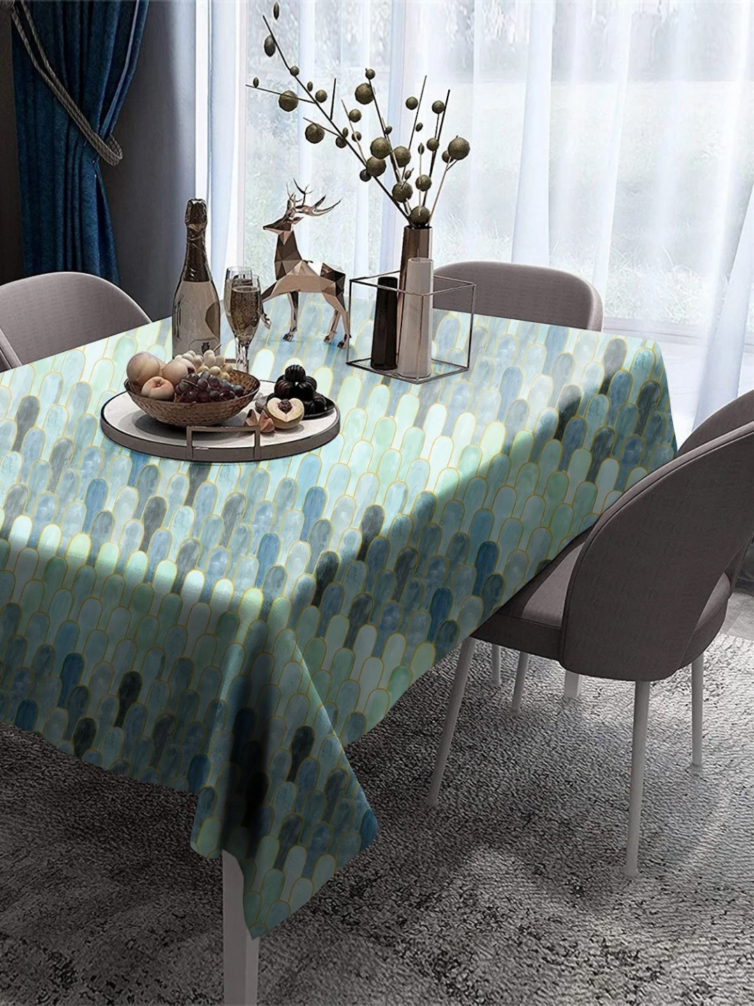 CASABLEU Premium Nicobar Blue Geometric Printed Rectangle 6-Seater Table Covers