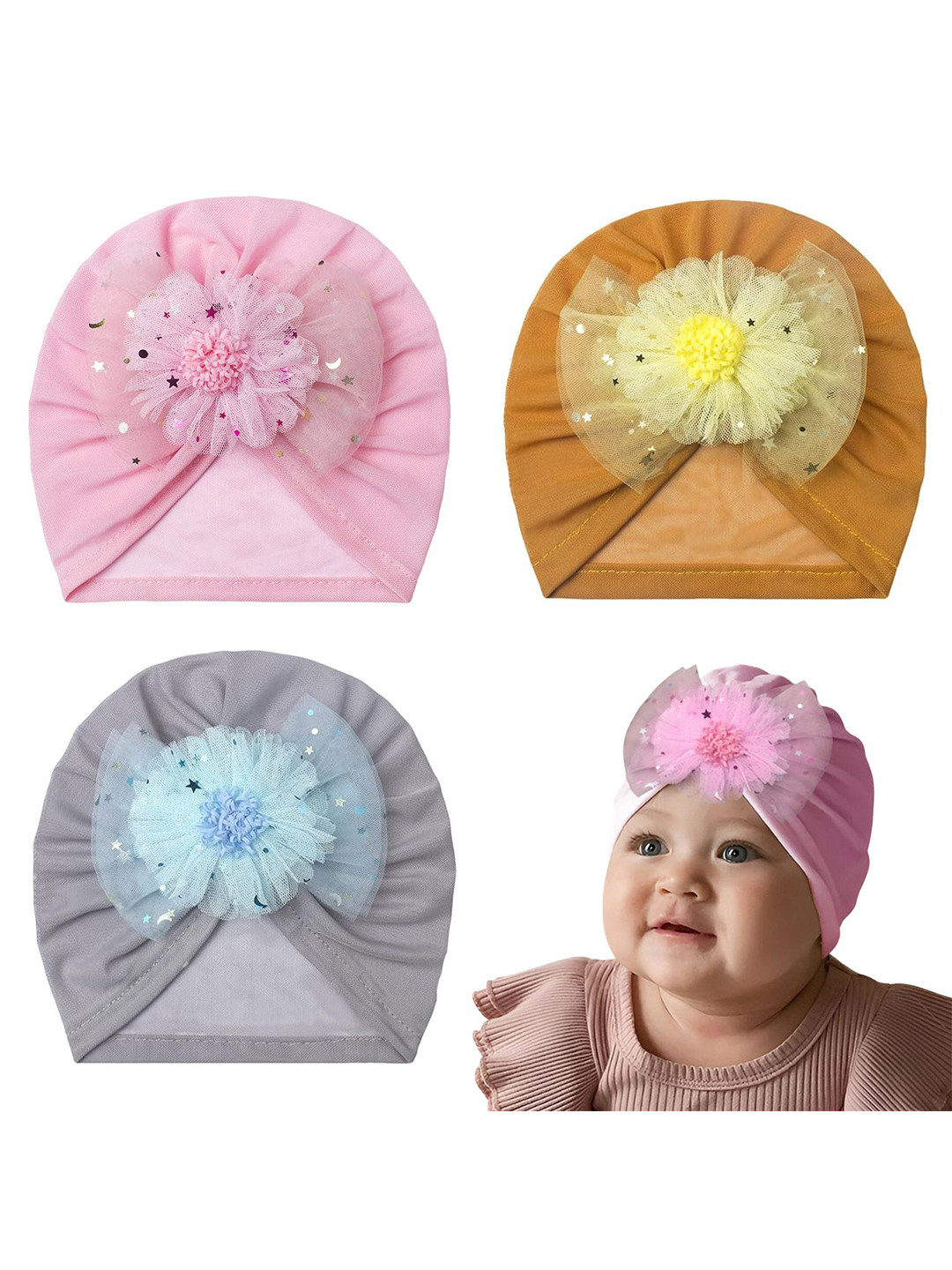 SYGA Kids Pack of 3 Baby Cap Combo Set with Applique Detais