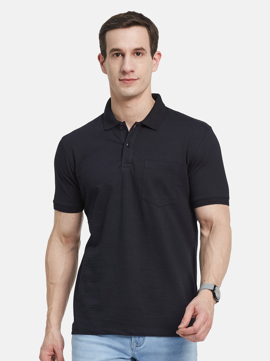 Octave Men Self Design Polo Collar Cotton T-shirt