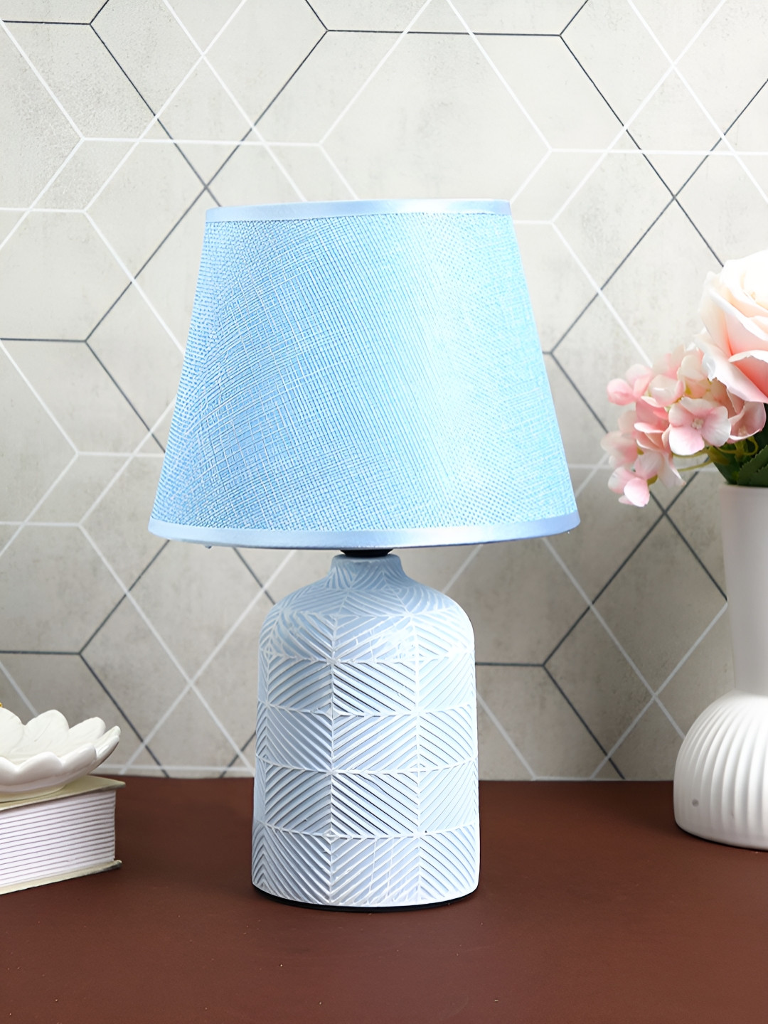 TAYHAA Blue Ceramic Textured Frustum Shaped Table Lamp