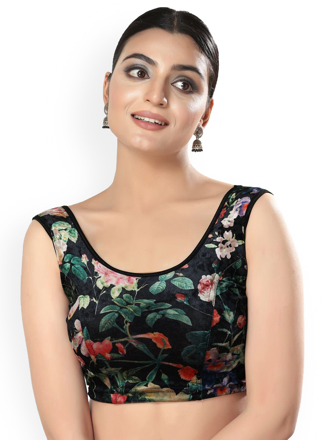 VAMAS - THE DESIGNER BLOUSES Floral Printed Velvet U-Neck Non-Padded Saree Blouse