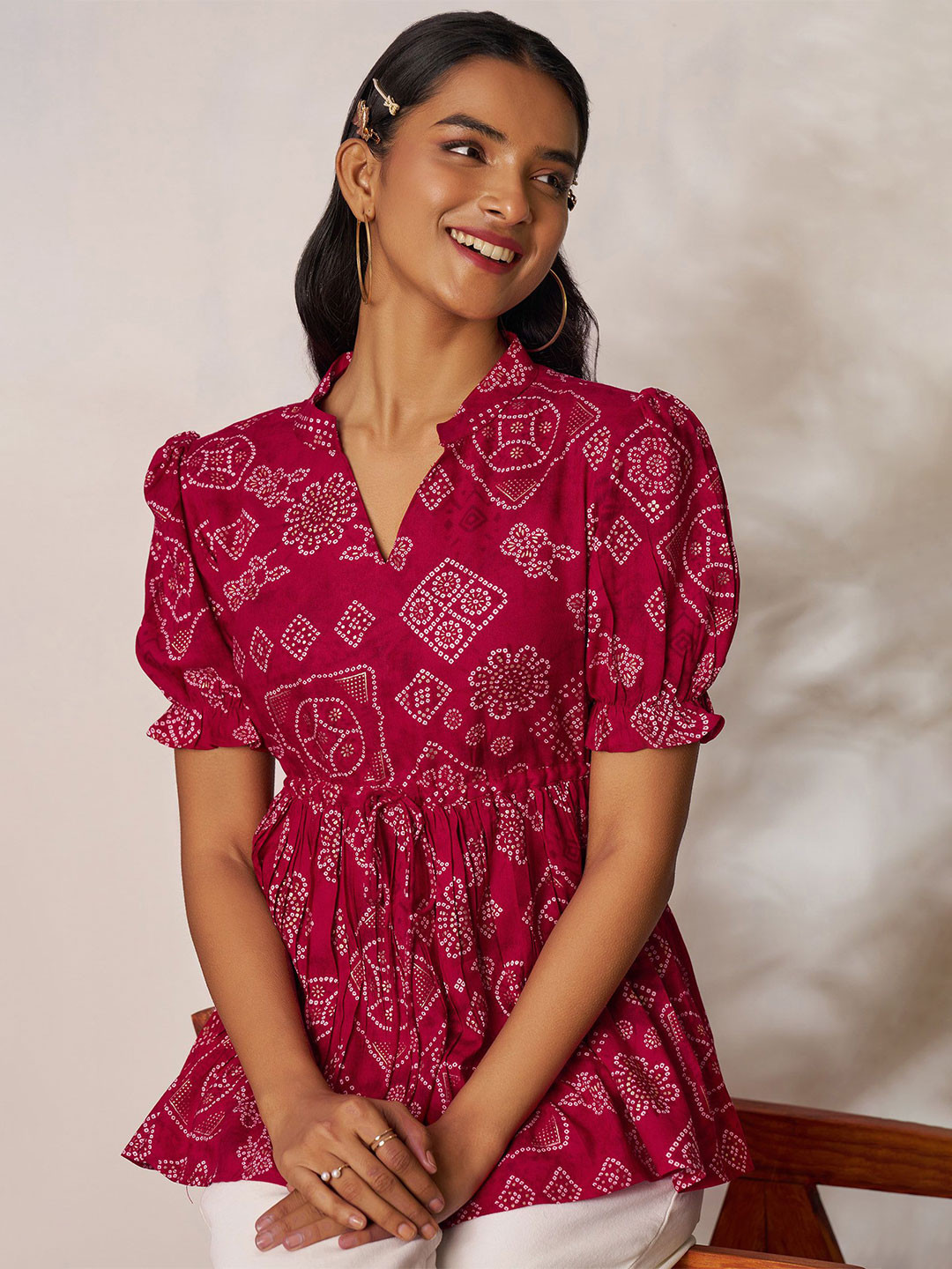 FLOWERVELLY Print Mandarin Collar Puff Sleeve Ethnic Cotton Top
