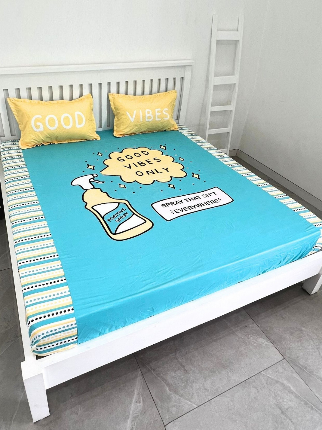 ohello Blue Typography Poly Satin 260 TC Fitted King Fine Bedsheet with 2 Pillow Covers-72 x 78 inches