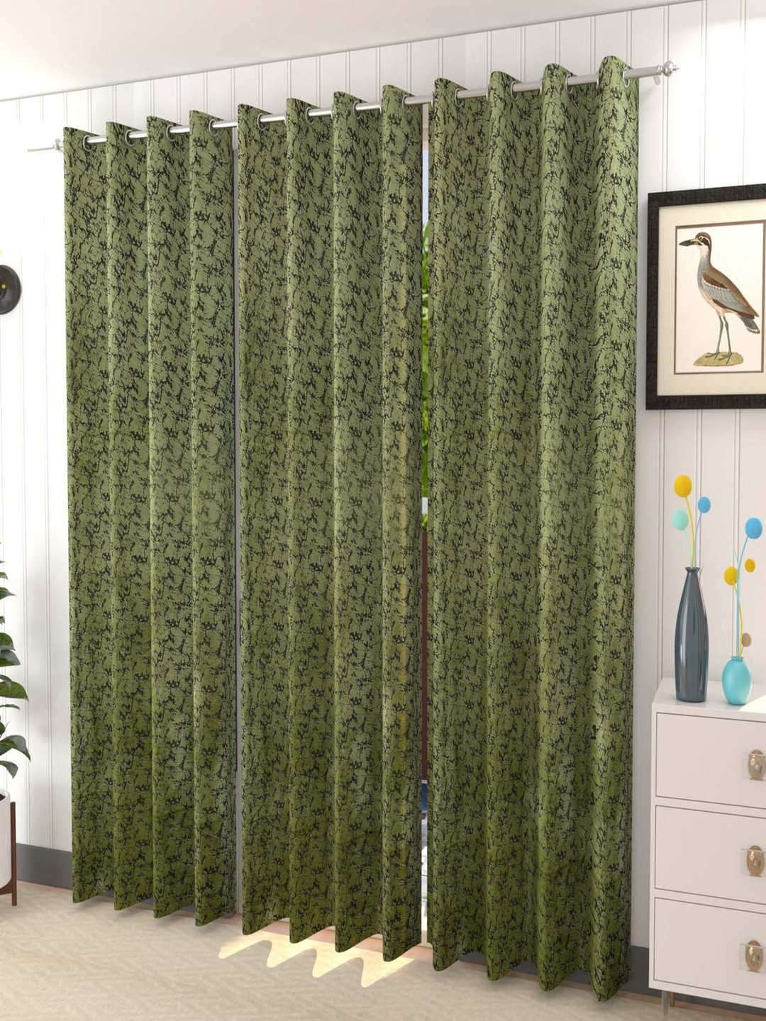 Galaxy Home Decor Green and Black 3 Pieces Abstract Printed Window Curtains