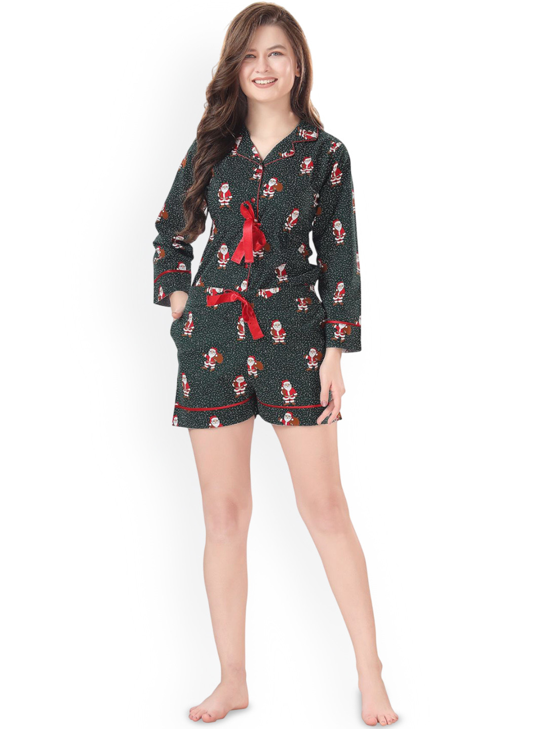 Piu Women Graphic Printed Lapel Collar Shirt & Shorts Night suit