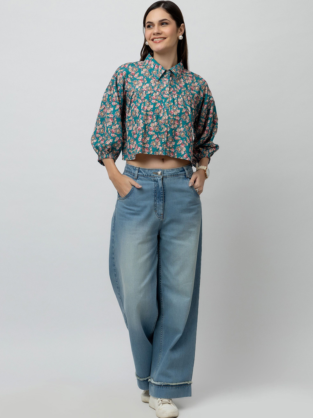 7OUNCE Women Floral Print Puff Sleeve Shirt Style Top