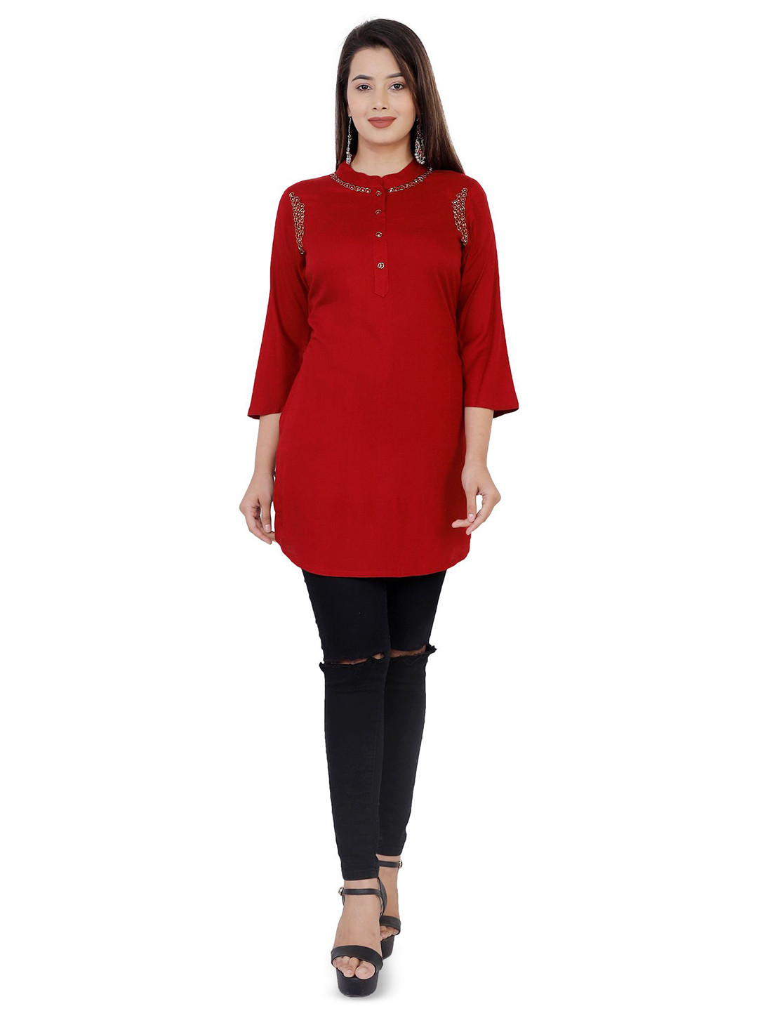 OH MI DIOS Women Mandarin Collar Three-Quarter Sleeves Side Slits Kurtis