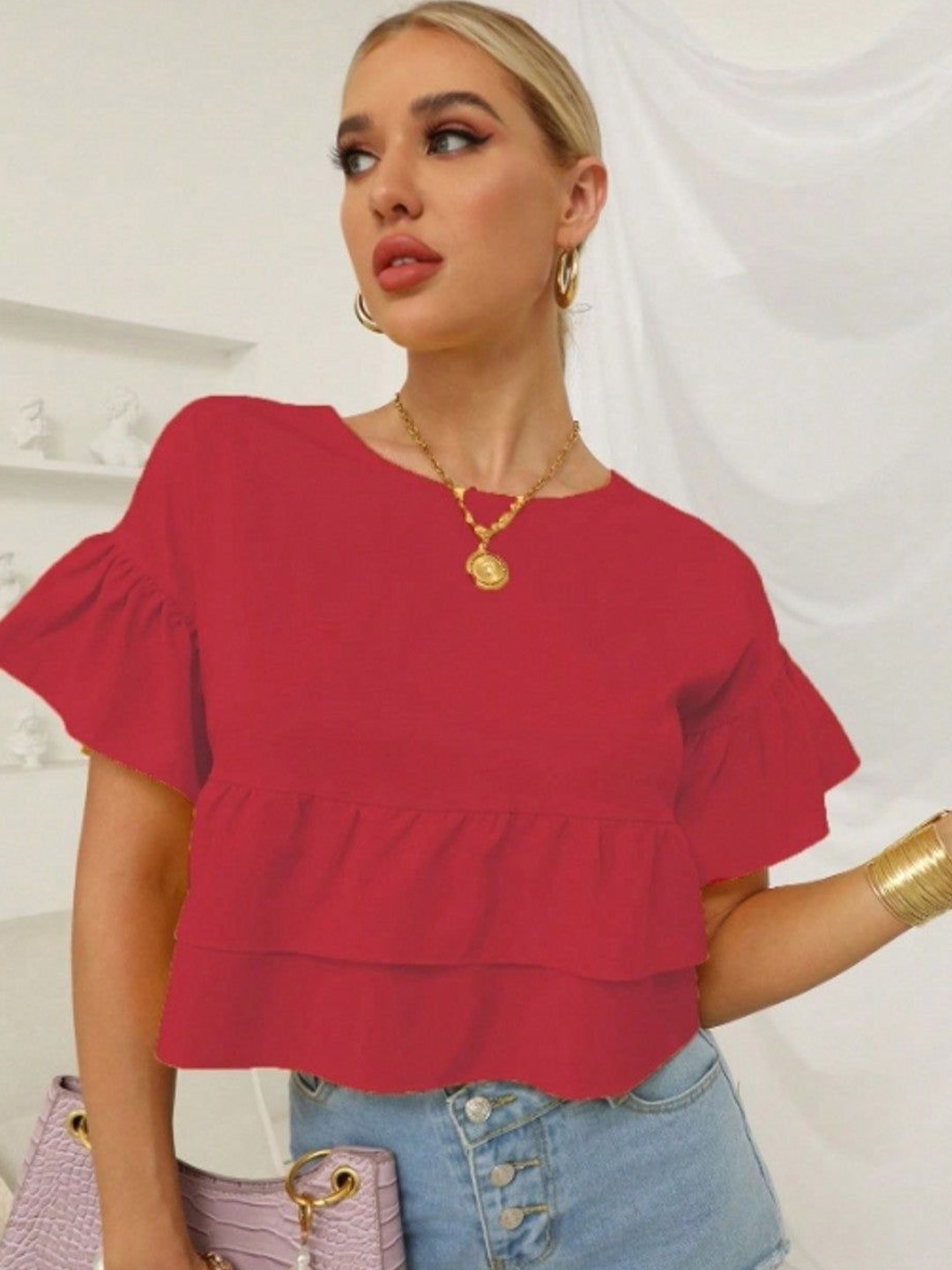 Outzidr Red Ruffle Hem Peplum Top