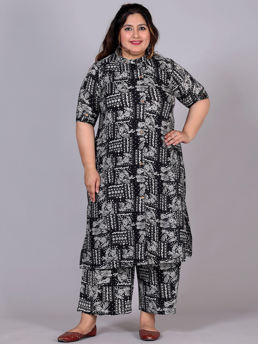 Gs Fashions Plus Size Printed Mandarin Collar Pure Cotton Tunic With Palazzo