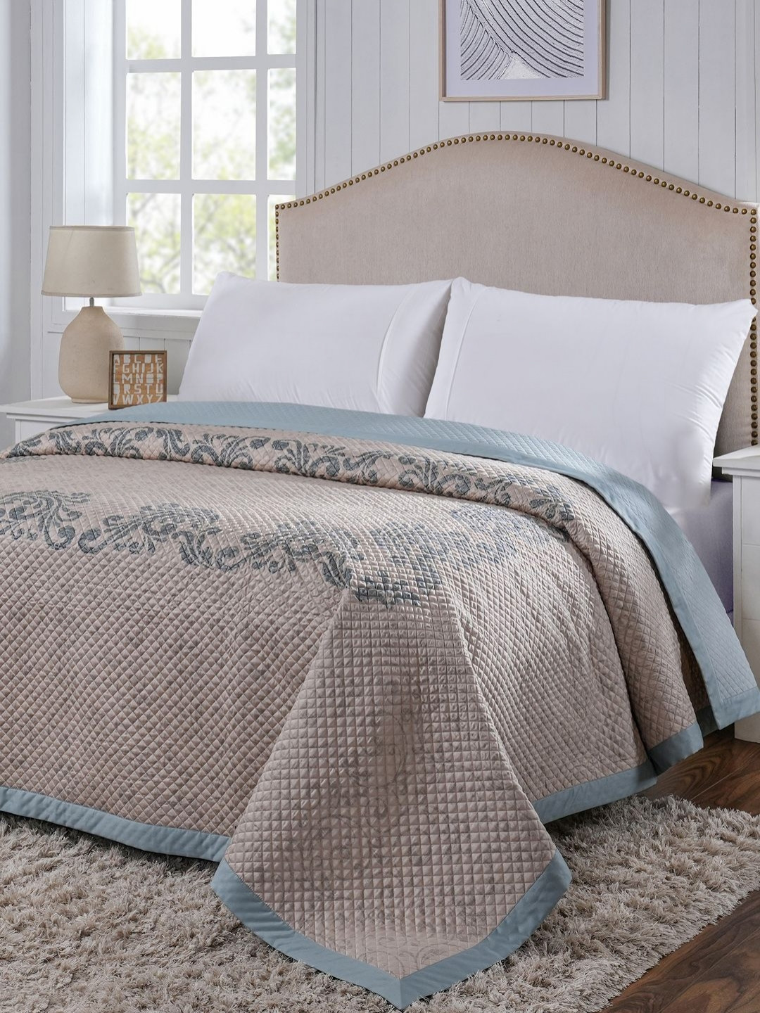MASPAR Blue & Beige Floral Printed Summer 145 GSM Cotton Double Bed Quilt