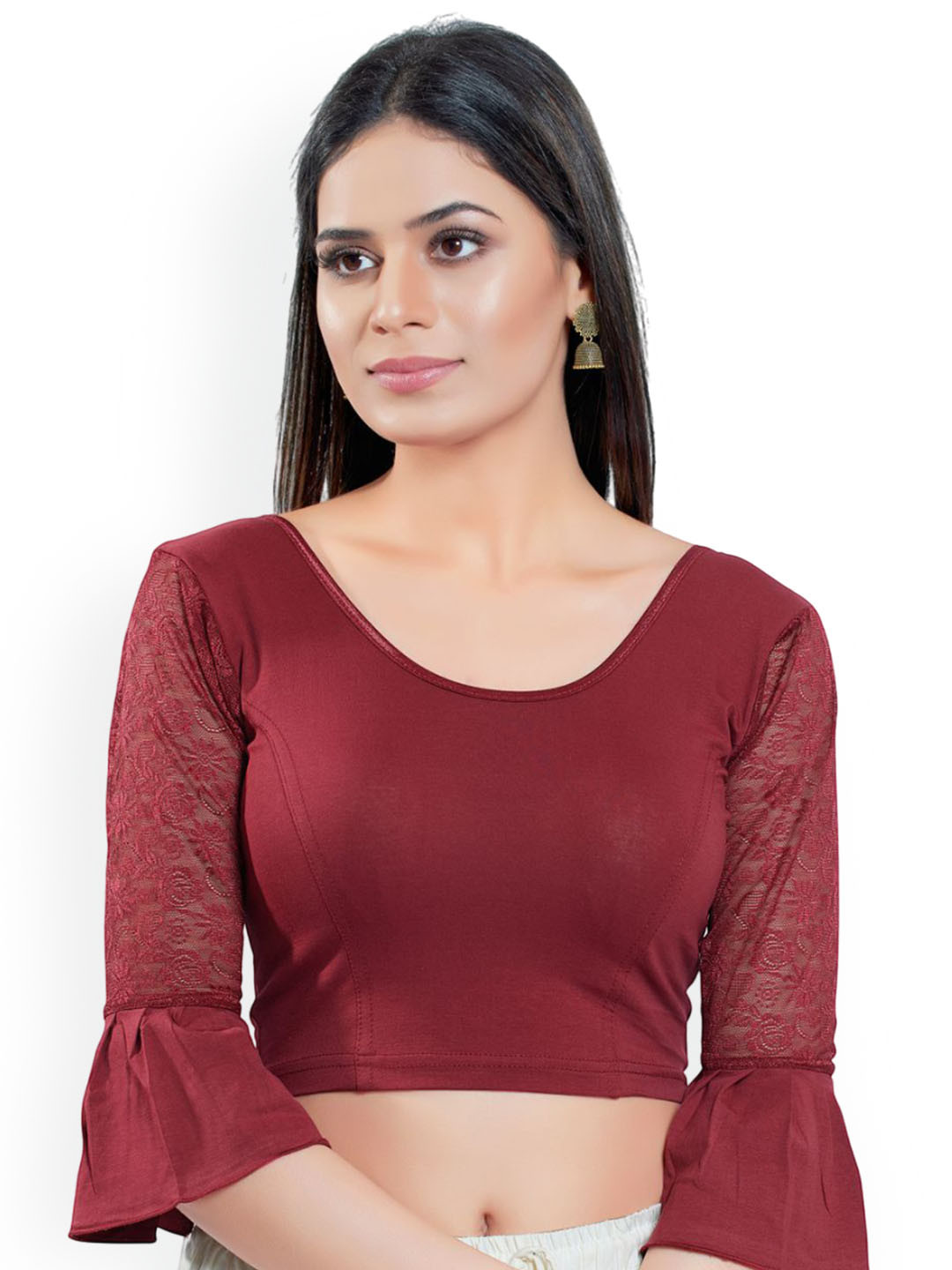 VAMAS - THE DESIGNER BLOUSES Embroidered Lace Detailed Round Neck Bell Sleeve Saree Blouse