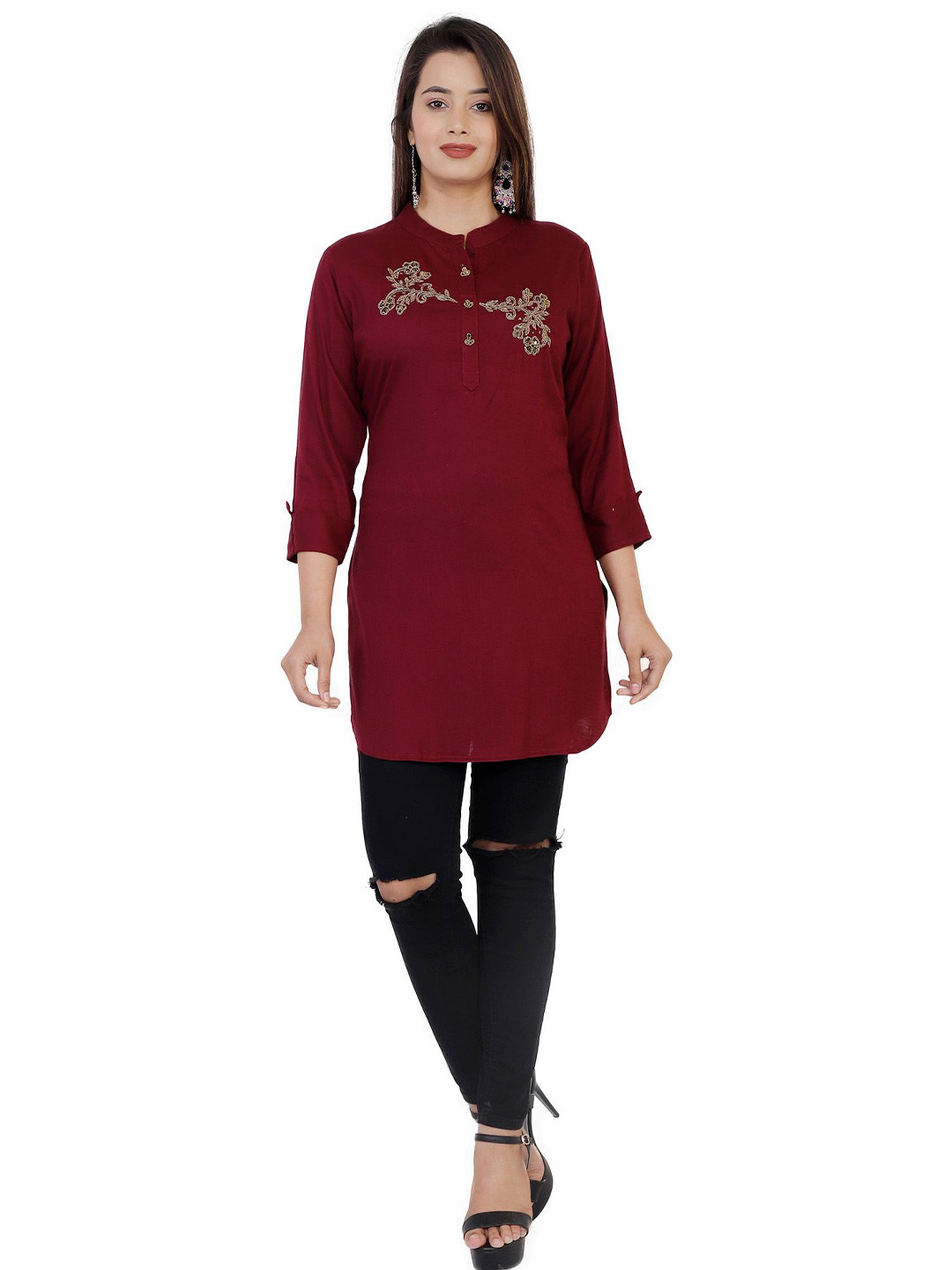 OH MI DIOS Maroon Embellished Ethnic Motif Top
