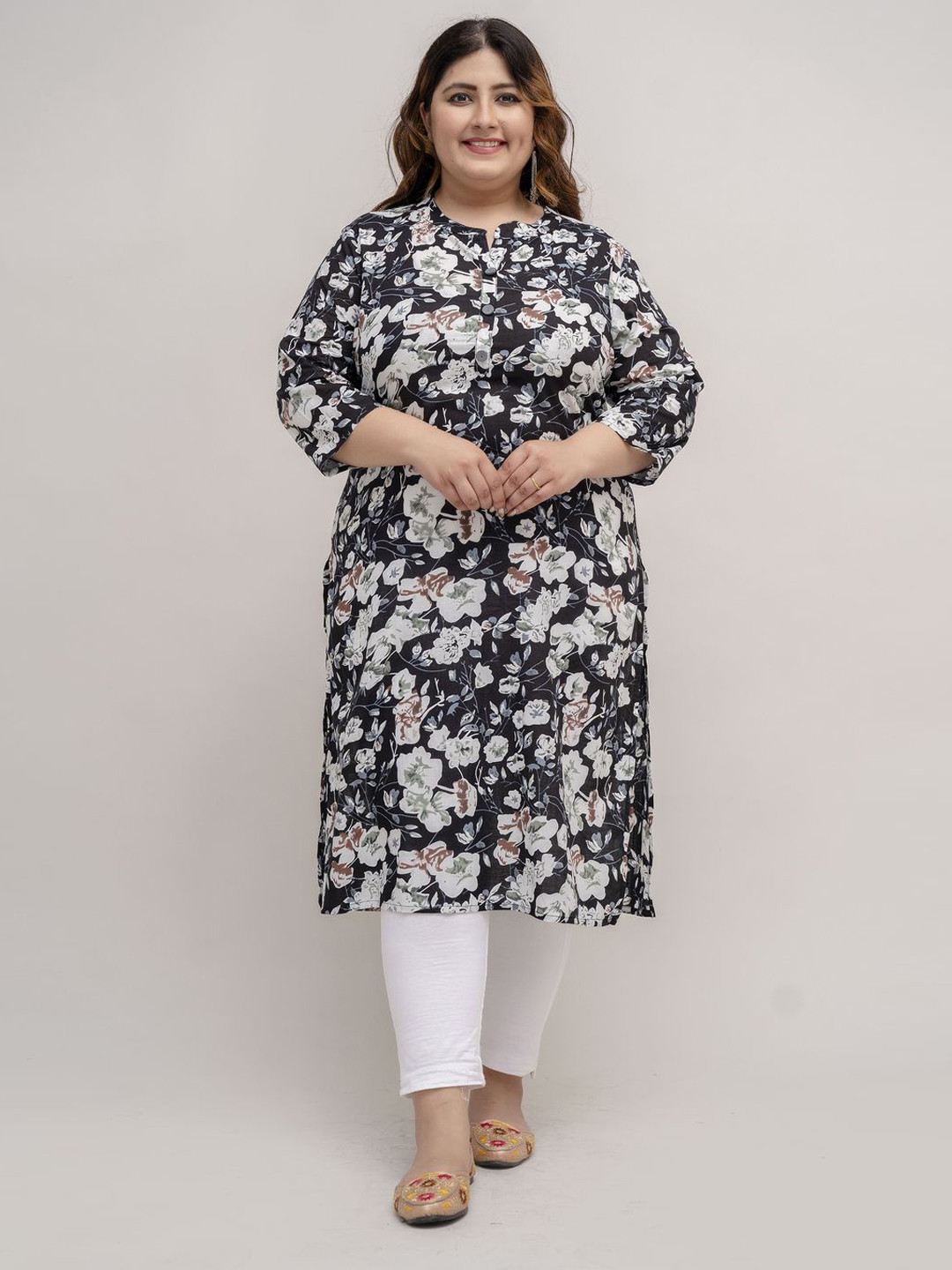 Fashion Zest Plus Size Floral Printed Mandarin Collar Pure Cotton Straight Kurta