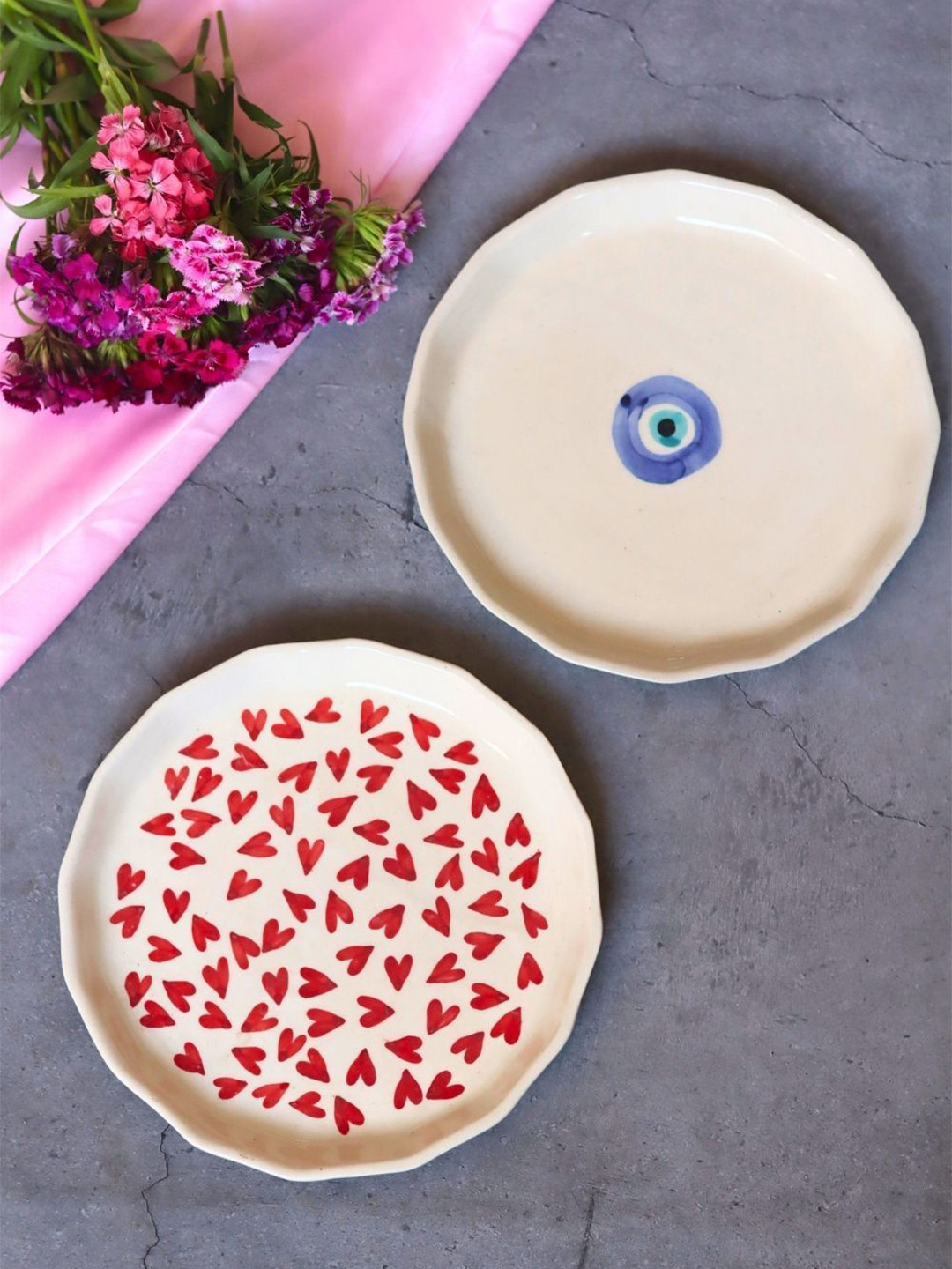 WEAVING HOMES Red & White 2 Pieces All Heart & Evil Eye Printed Snack Plate