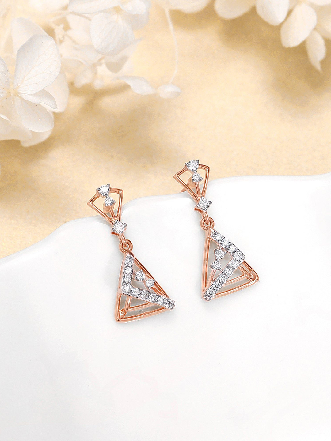 GIVA Rose Gold Ternion Diamond Dangler Earrings-2.68 gms