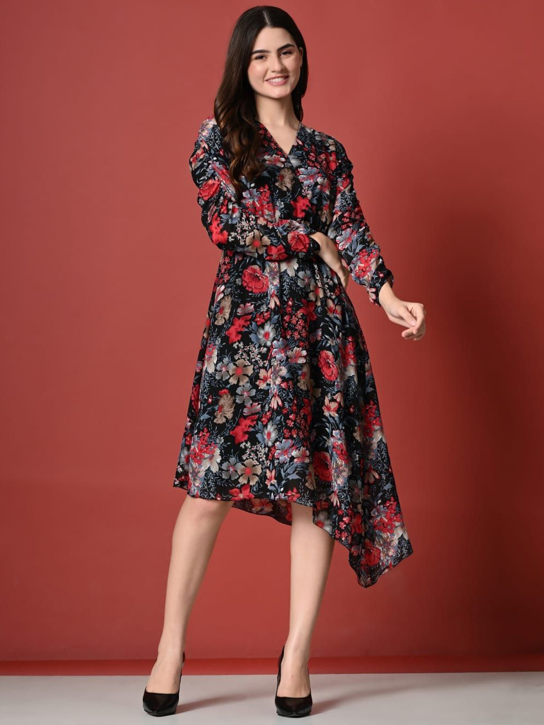 FLYING FEST Floral Printed Georgette A-Line Midi Dress