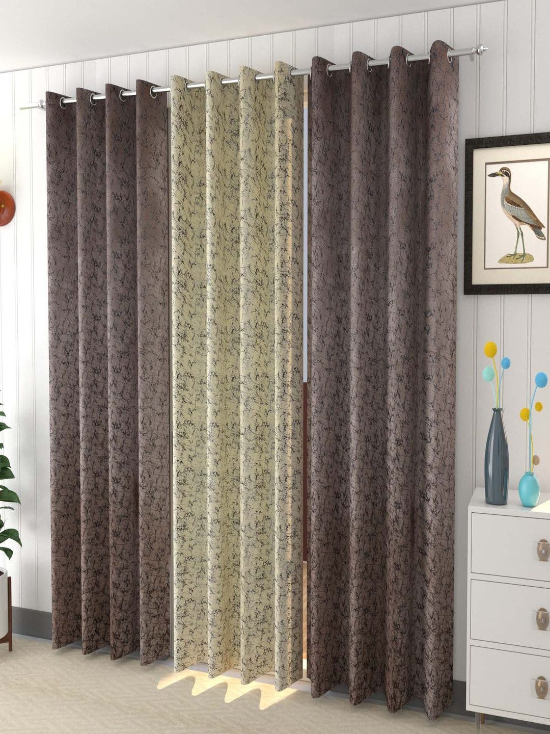 Galaxy Home Decor Brown and Cream-Coloured 3 Pieces Abstract Printed Velvet Door Curtains