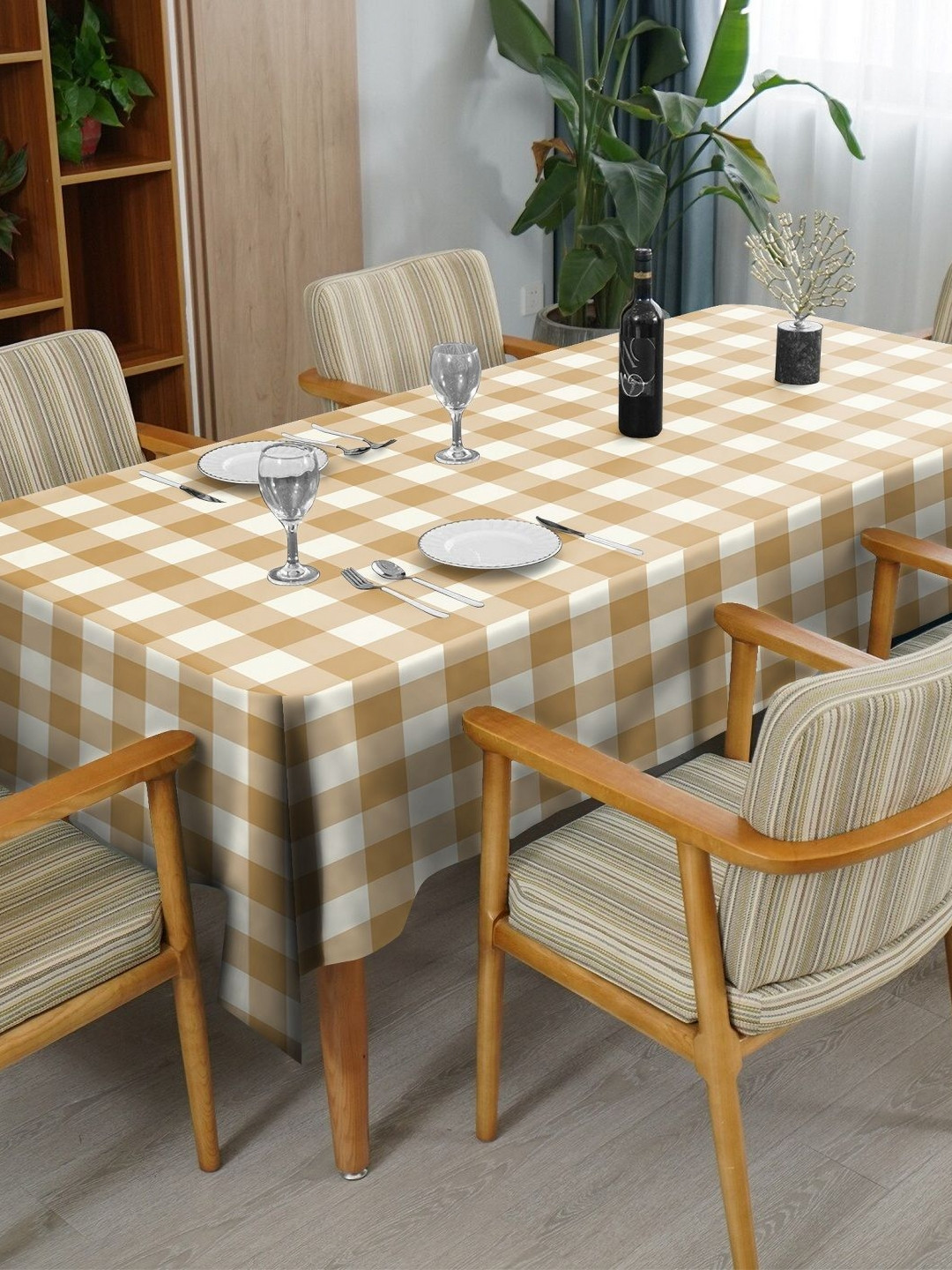 CASABLEU Premium Spring Brown and White Printed Rectangle 6-Seater Table Covers