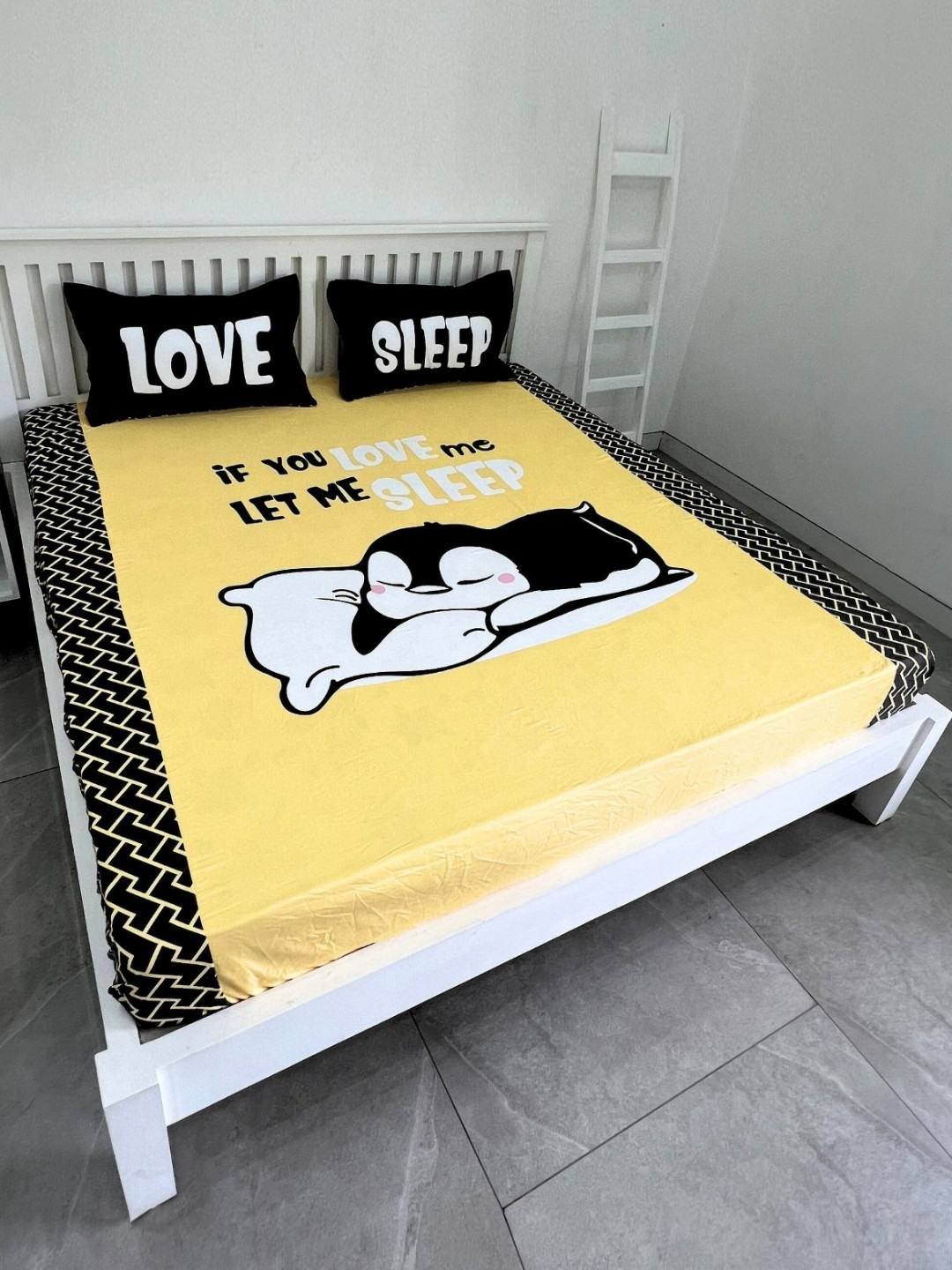 ohello Yellow Typography Satin 260 TC Fitted King Fine Bedsheet with 2 Pillow Covers-72 x 78 inches