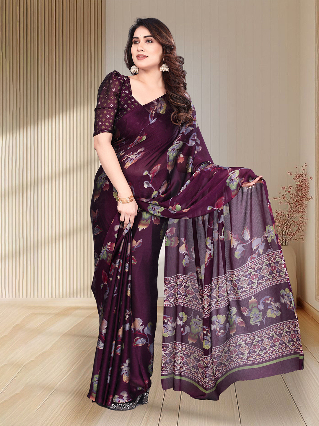 SUPERLAXMI Pure Chiffon Floral Printed Saree With Unstitched Blouse Piece