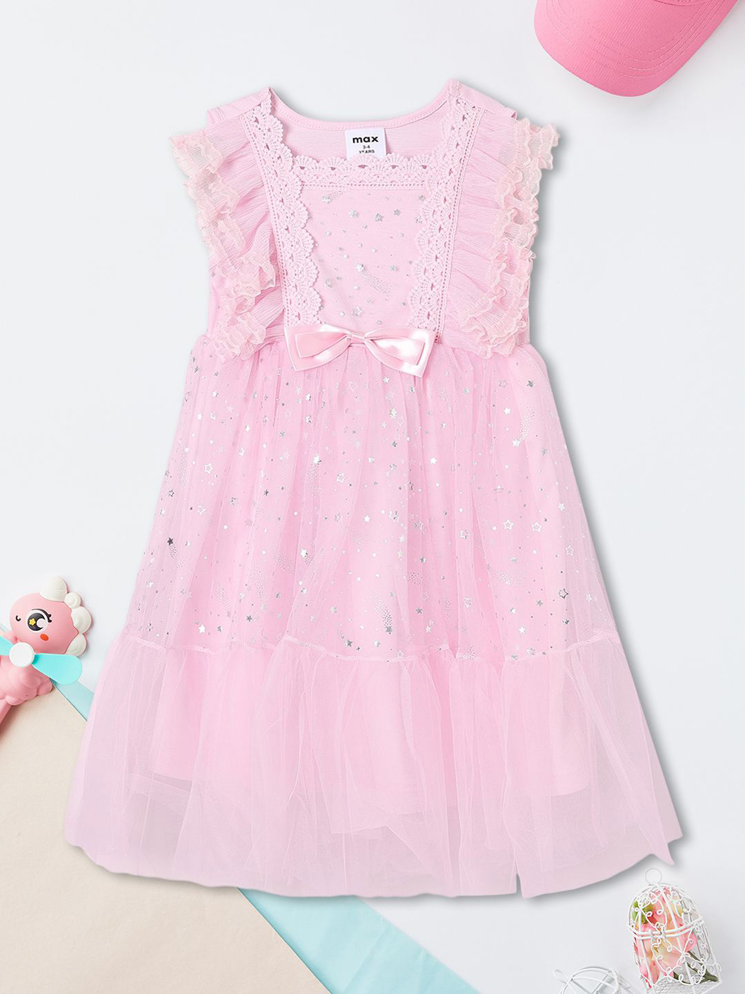 max Girls Stars Embellished Fit & Flare Knee Length Dress With Bow Detail