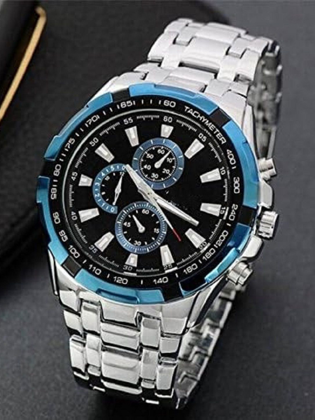 SZN Men Embellished Dial & Stainless Steel Straps Analogue Watch Blue Ring Silver Chrono