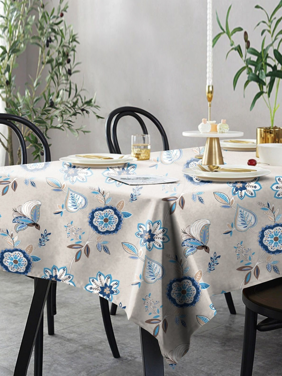 CASABLEU Premium Beau Blue Floral Printed Rectangle 6-Seater Table Covers