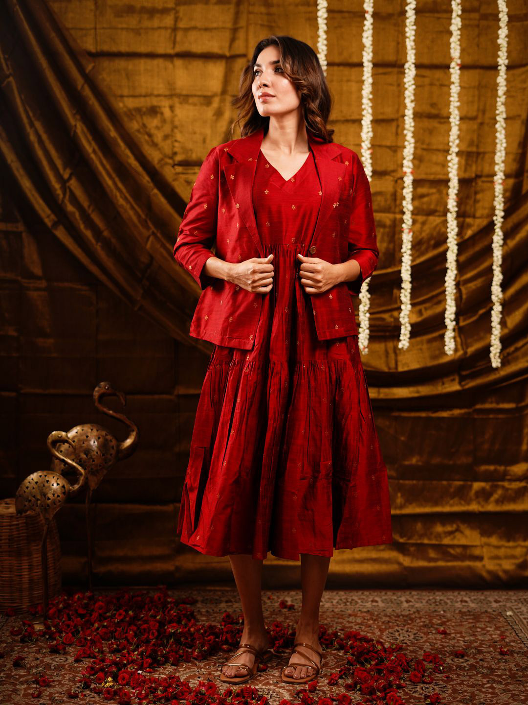 NEXSTYLO Women Solid A-Line Midi Dress With Jacket