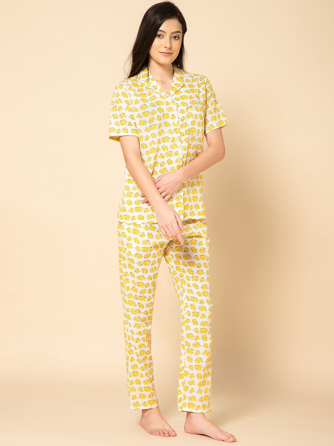 DRAPE IN VOGUE Women Printed Lapel Coller Night suit