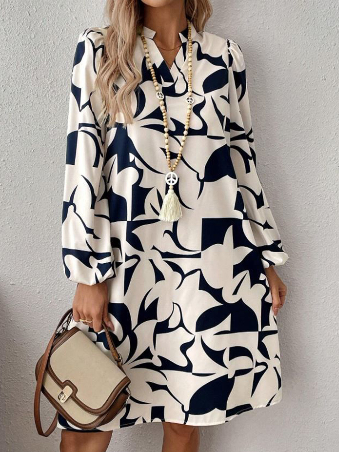 LERIYA FASHION Women Printed Mandarin Collar Puff Sleeves A-Line Dress