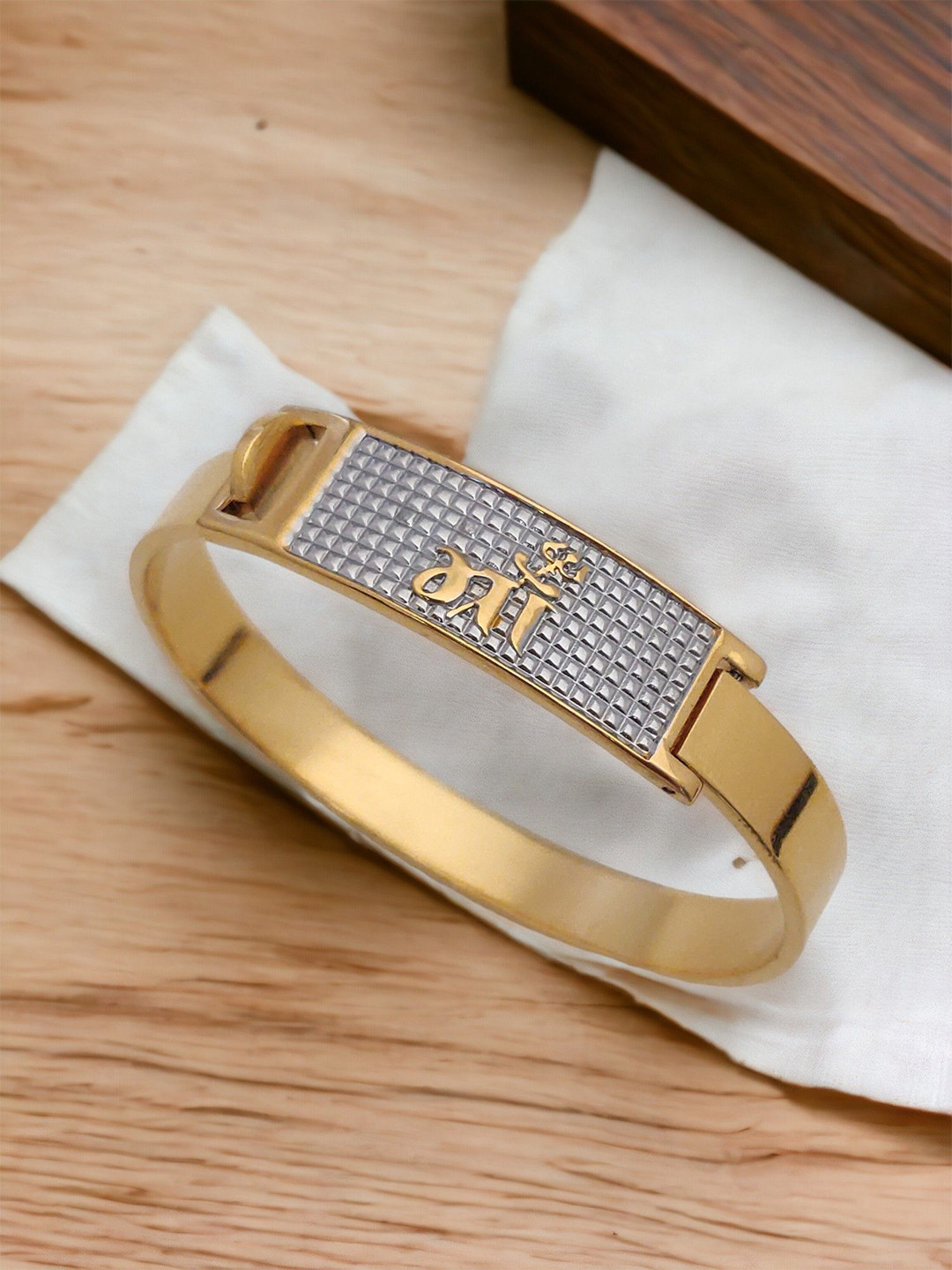 SZN Gold-Plated Stainless Steel Maa Symbol Enamelled Kada Bracelet
