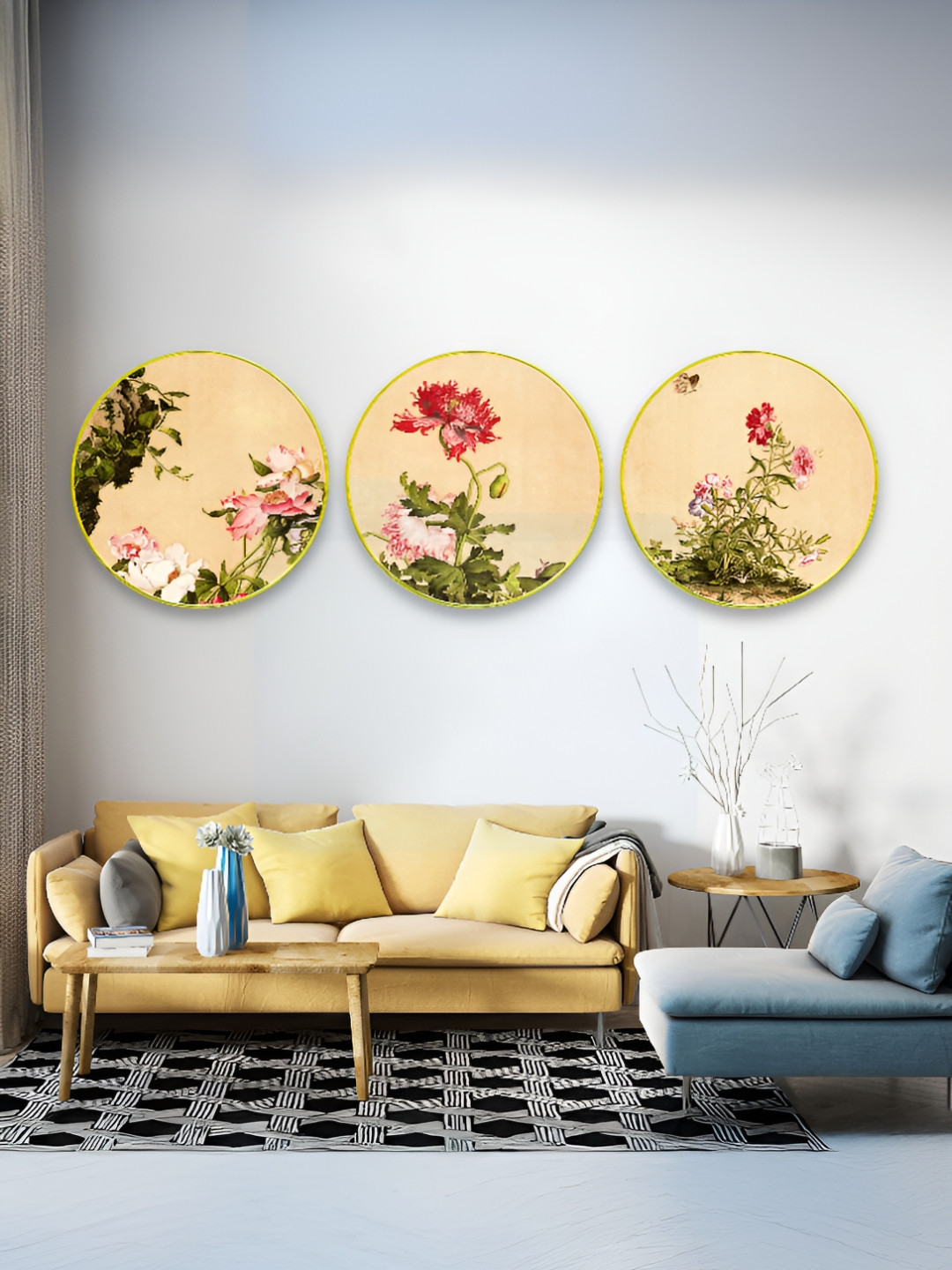 The Castle Decor Flowers Sparkle Wood 3 Piece Wall Round Paintings Wall Art - 24 x 24 In