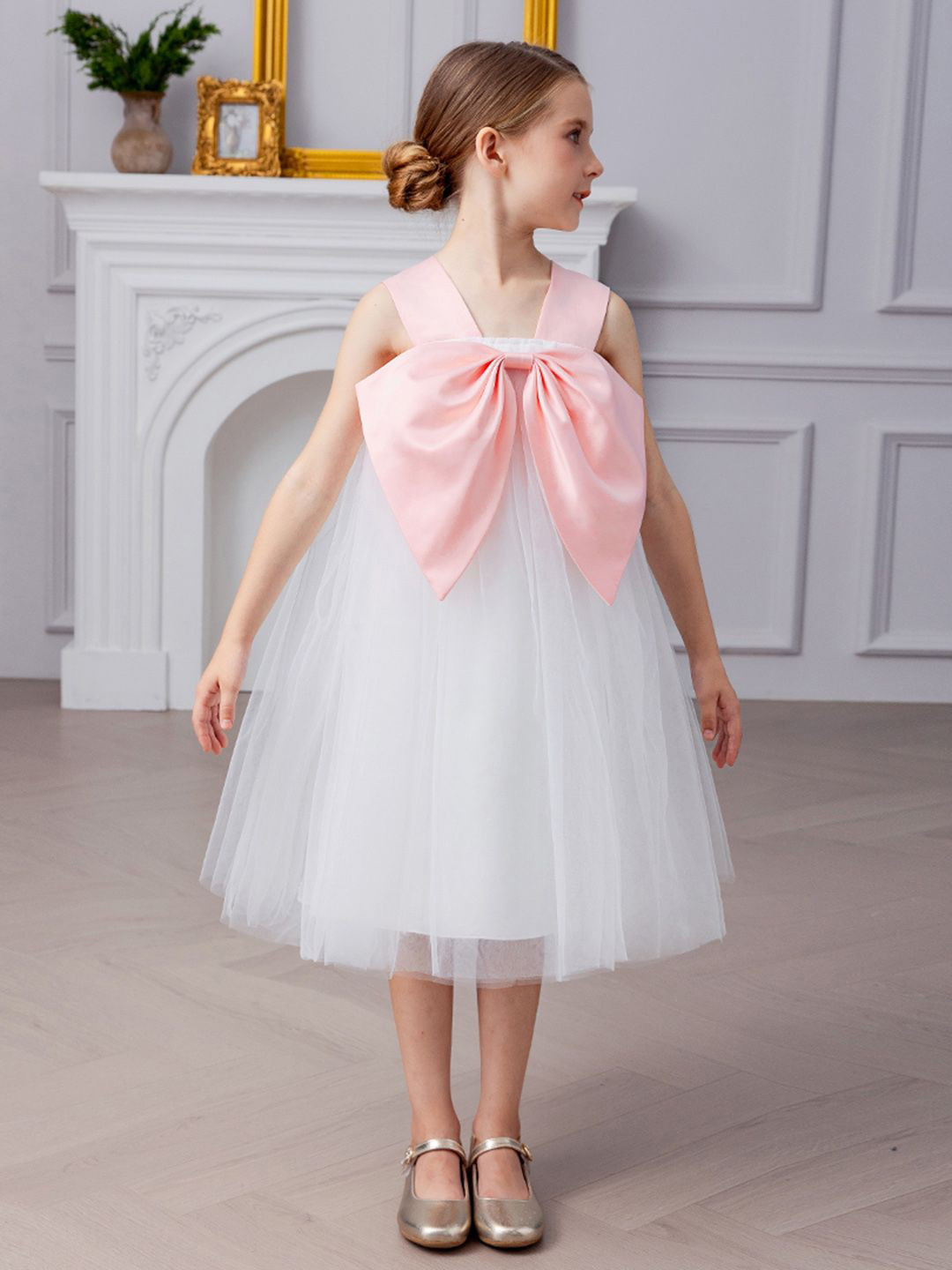 INCLUD Girls A-Line Tulle Dress With Statement Bow