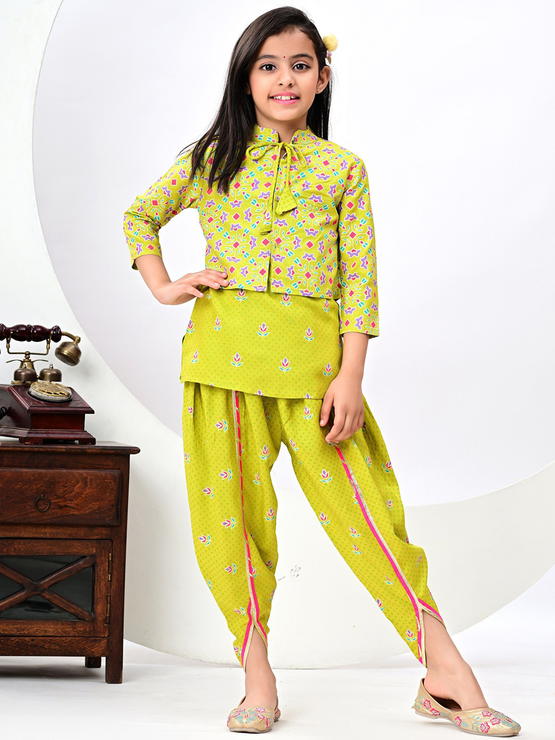 BAESD Girls Round Neck Printed Top With Dhoti Pants And Jacket