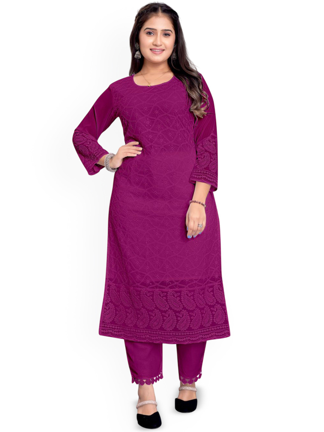 KAYRAAH Ethnic Motifs Embroidered Chikankari Georgette Kurta