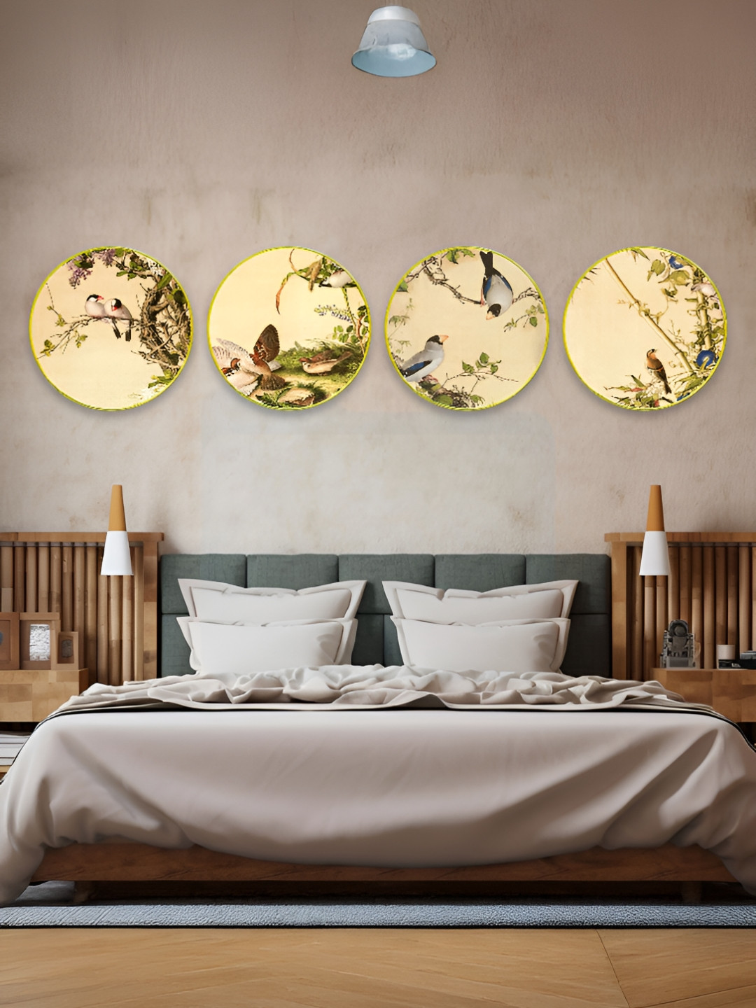 The Castle Decor Beige & Green 4 Pieces Birds Sparkle Wooden Wall Art