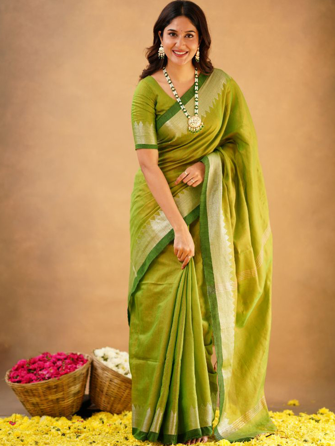 Sutisancha Woven Design Zari Parrot Tissue Elegance & Designer Triangle Drape Saree