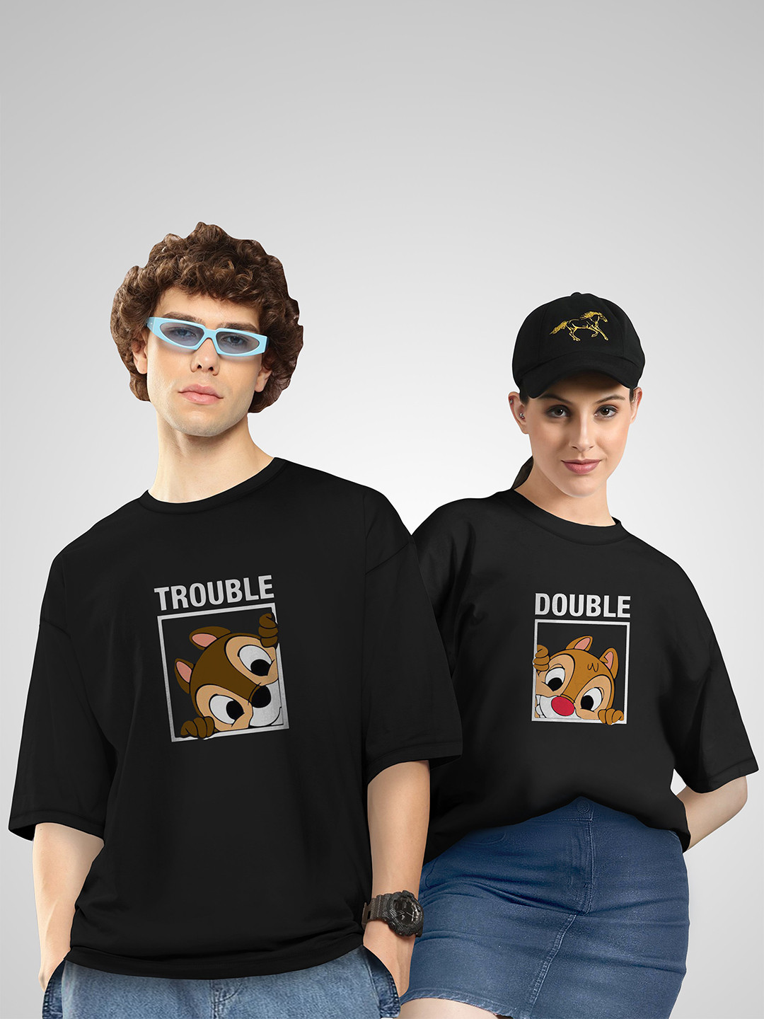 BAESD Unisex Twistform Twinny Zone Pack Of 2 DTrouble Printed Cotton Oversized T-shirts
