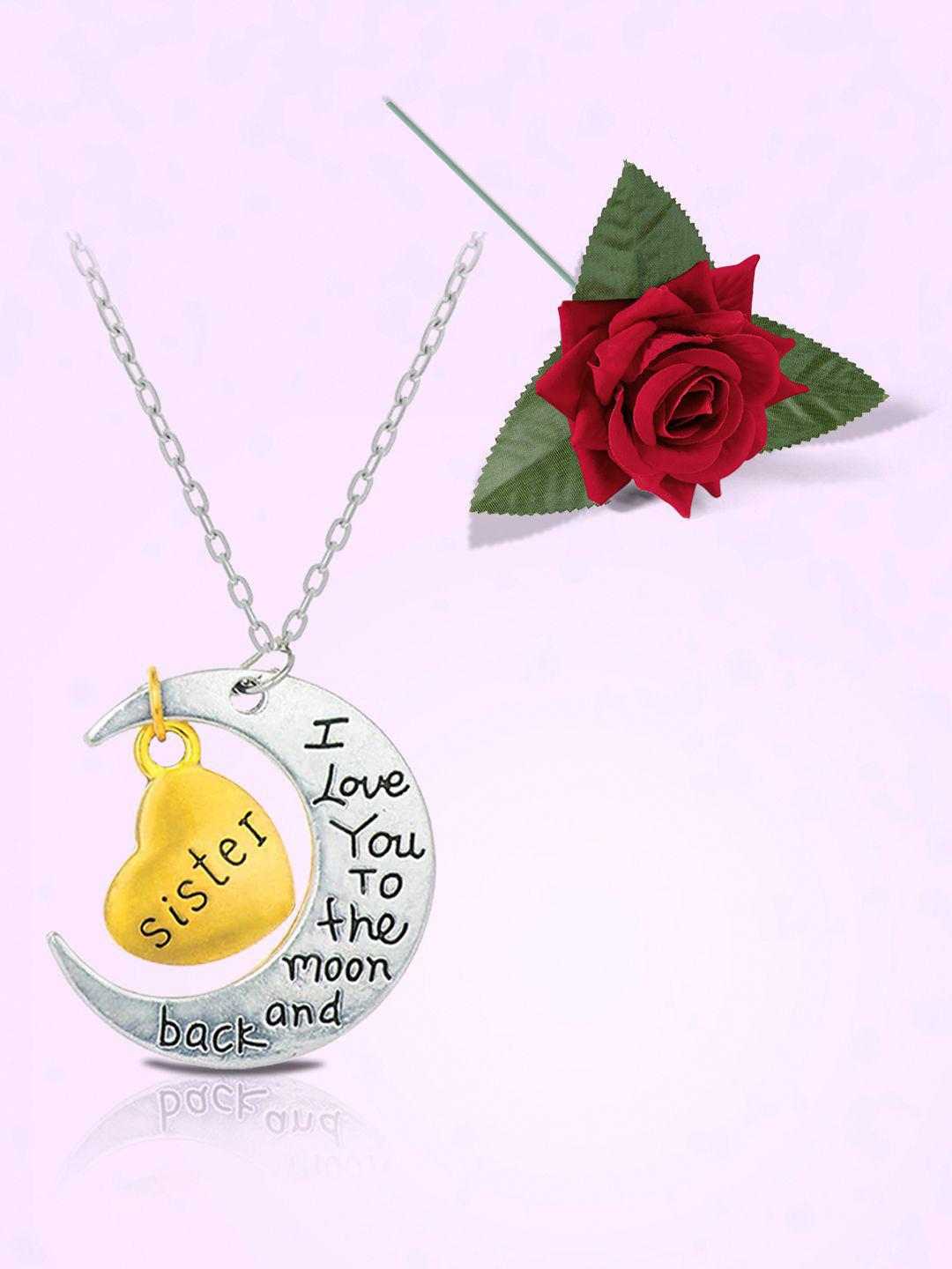 Peora Gold Plated Heart & Moon Shaped Minimal Necklace With Red Rose