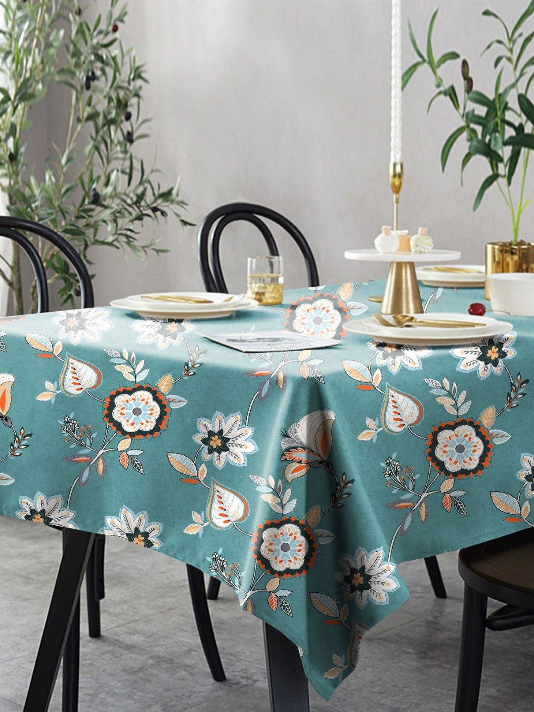 CASABLEU Premium Beau Teal Floral Printed Rectangle 6-Seater Table Covers