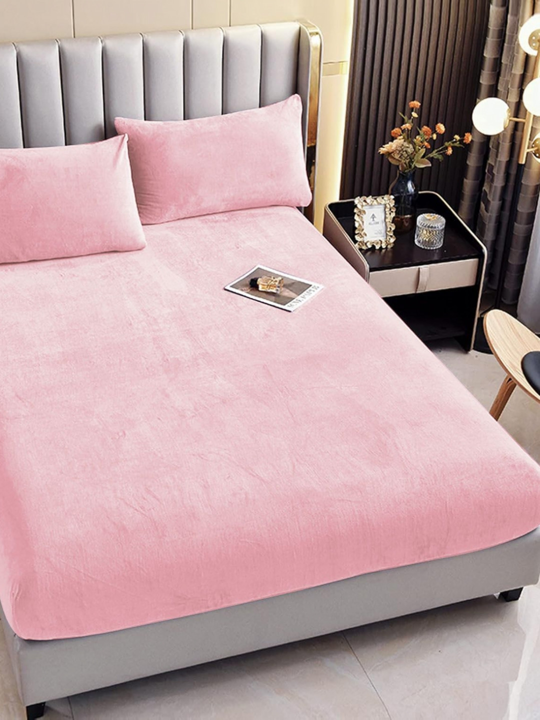 ohello Pink Velvet Skin-Friendly 380 TC Fitted King Fine Bedsheet with 2 Pillow Covers-87 x 93 inches