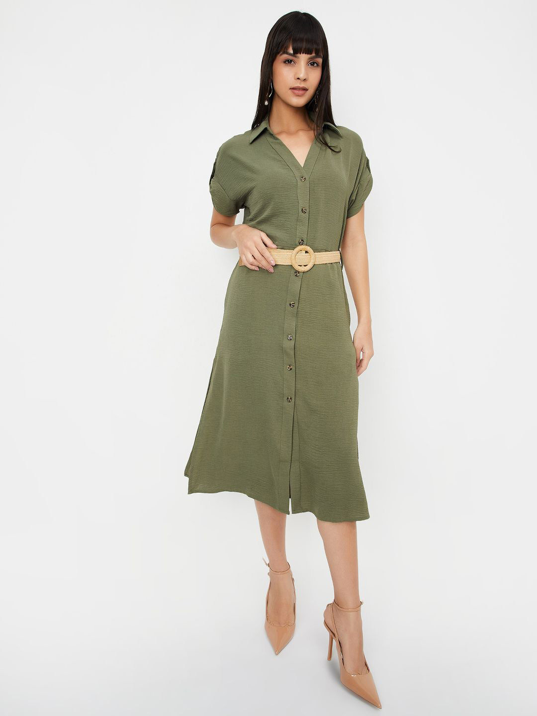 max Women Shirt Collar Roll-Up Sleeves Shirt Midi Dress Comes with a belt