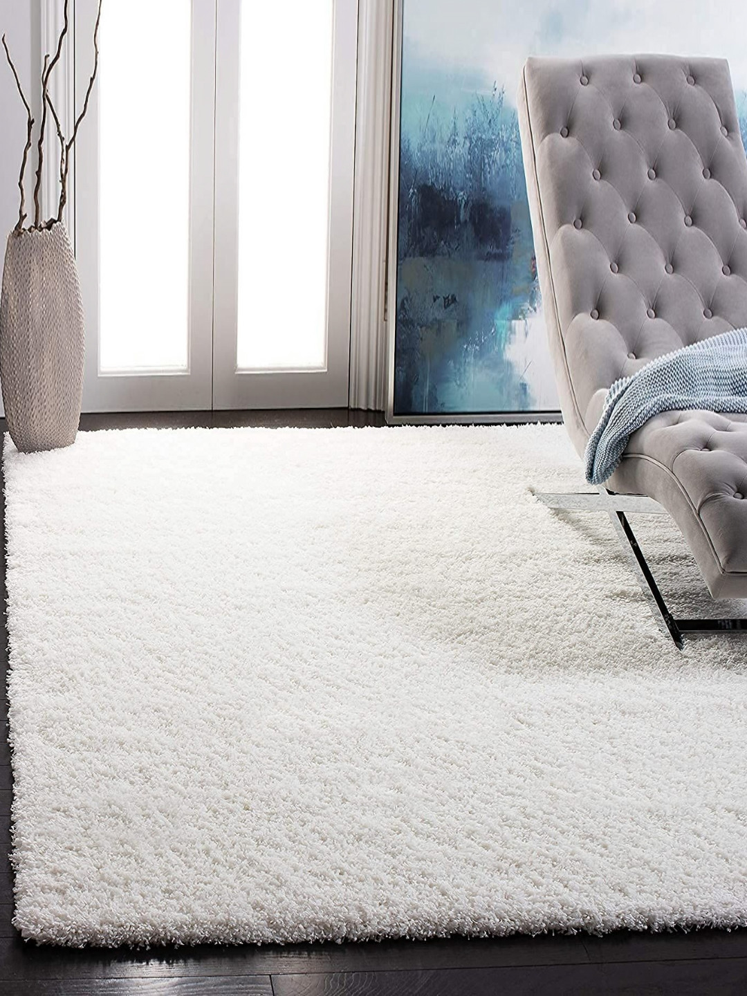 CARPETIFY White Shaggy Anti-Skid Carpet