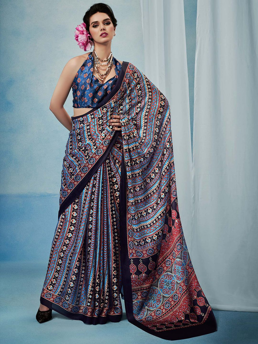 KALINI Women modal Ajrak Printed Satin Block Print SareeWith Blouse Piece
