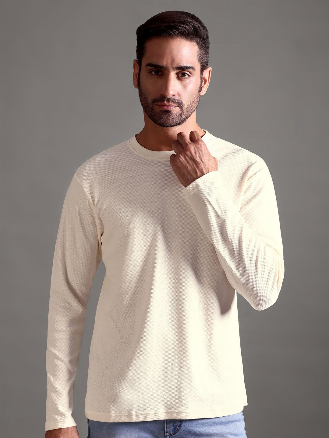 String Scape Men Eyelet Waffle Textured Crew Neck Full SleeveCombed Cotton T-Shirt