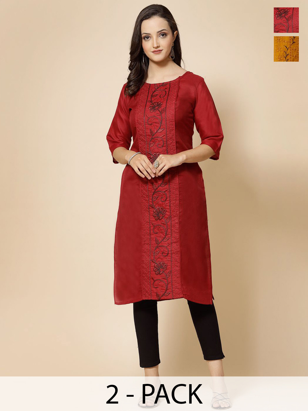 Moda Rapido Selection Of 2 Floral Embroidered Boat Neck Pure Cotton Sleeves Kurtas